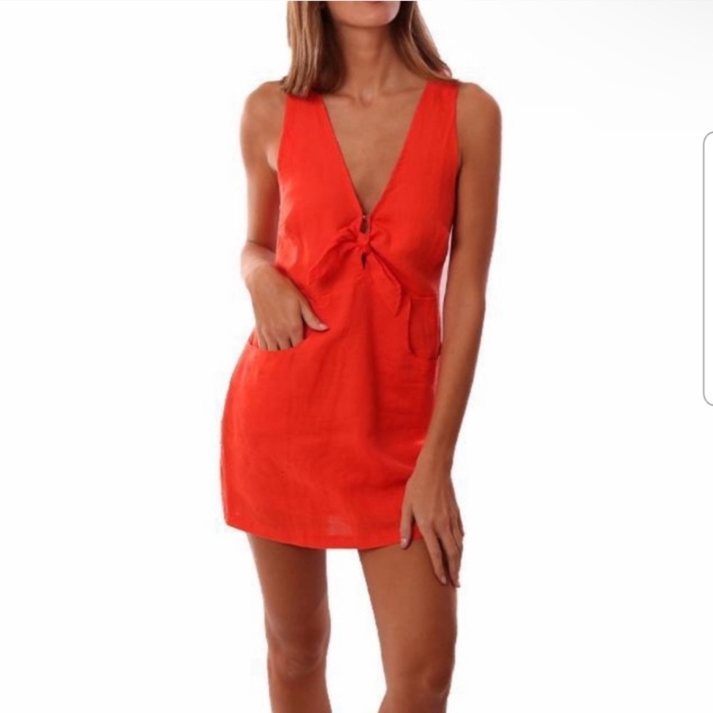 Olivaceous Linen Mini Dress Pockets